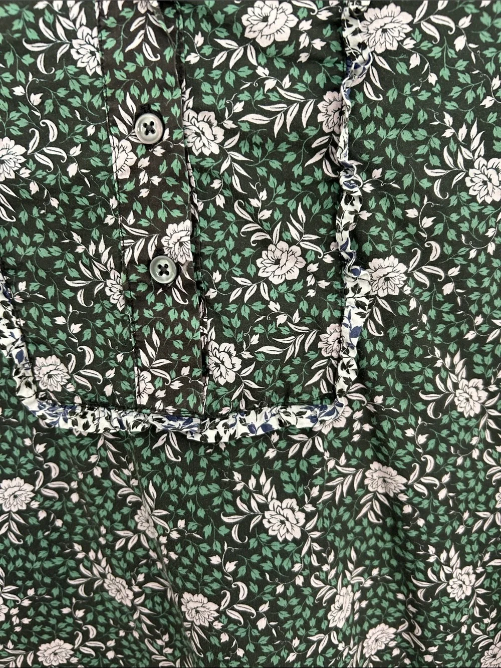 J. Crew Liberty Dark Green Floral Ruffle-Trim Blouse
